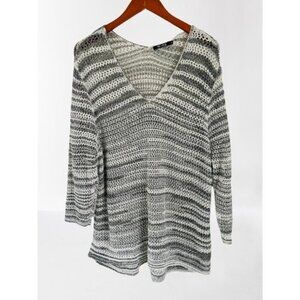 NIC + ZOE Open Knit Sweater V-Neck Tunic Gray White Oversized Sweater Size 2X
